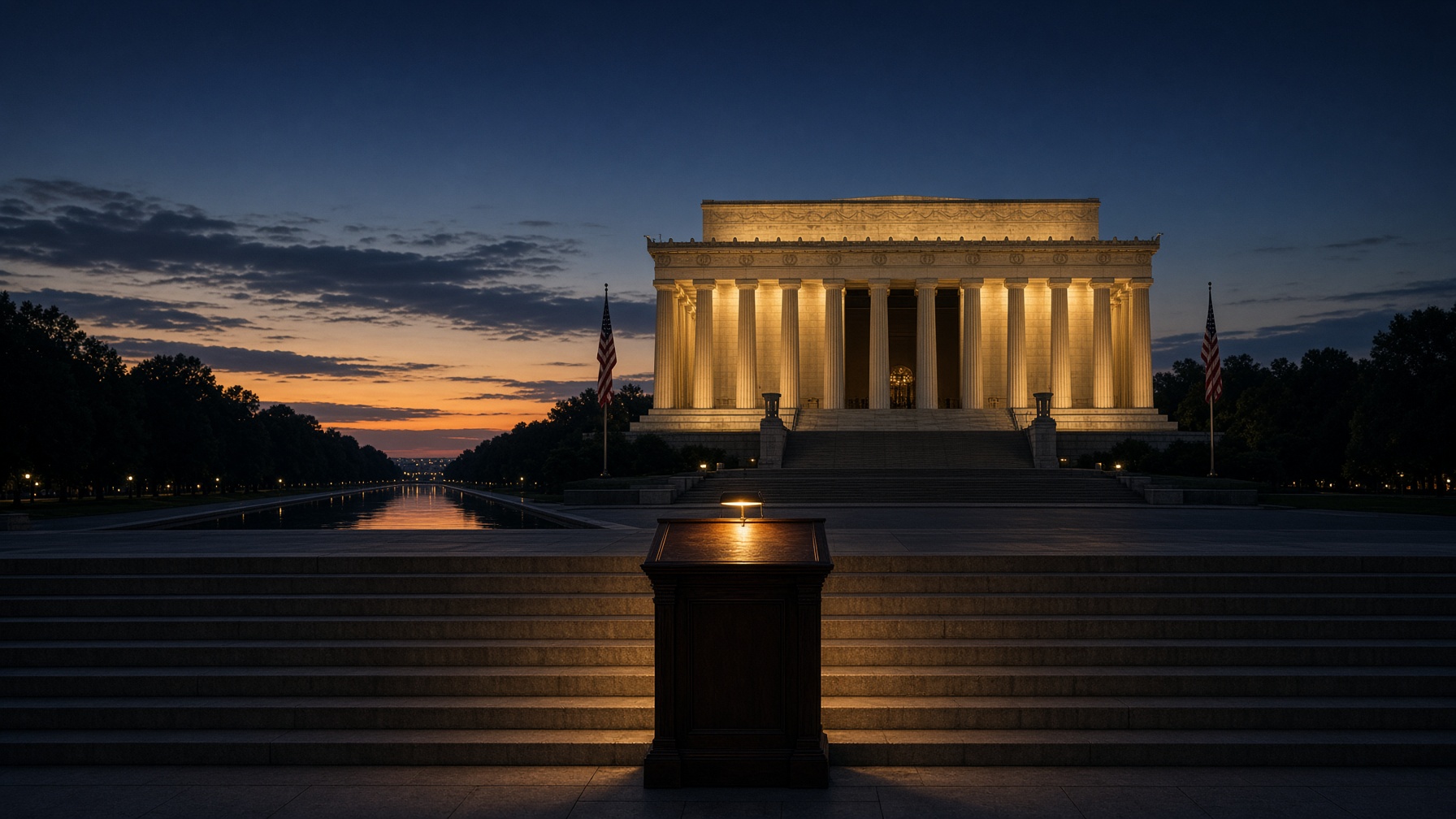 Lincoln Memorial at dusk. Empty lectern. The water. The flags.